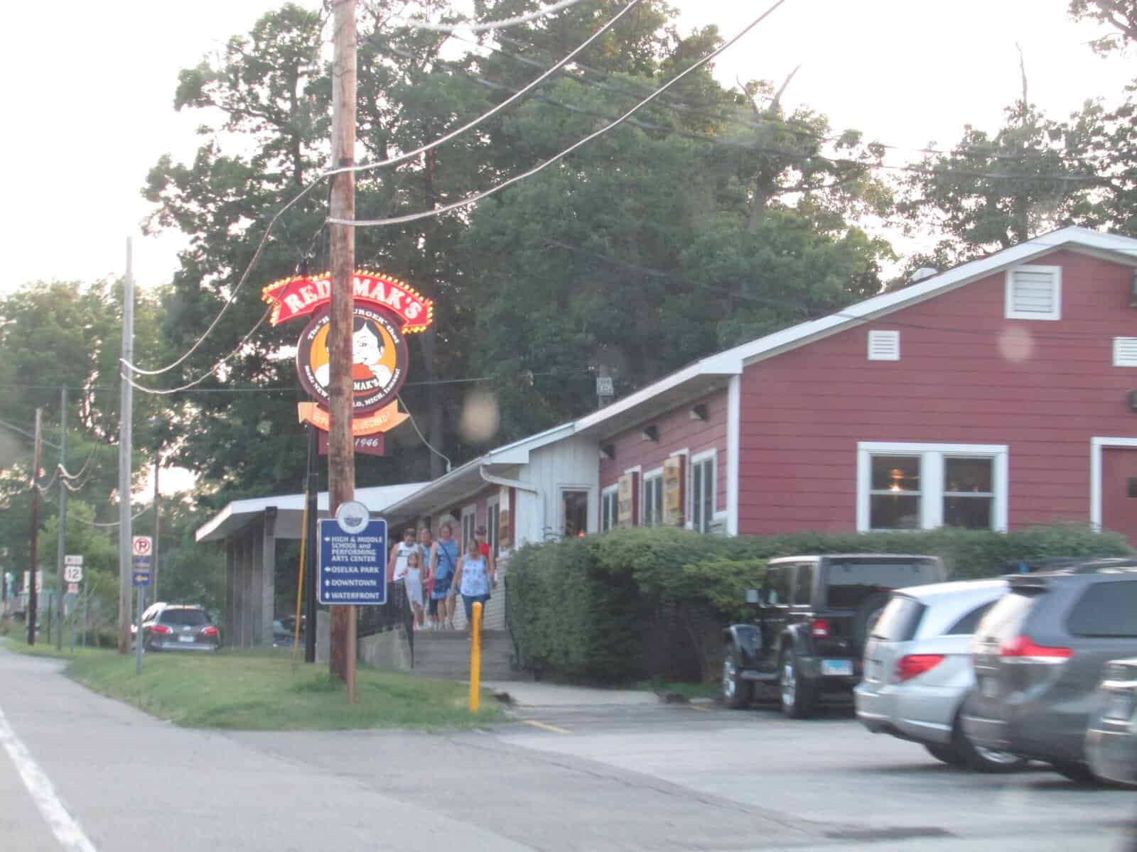 Redamak's storefront and neon sign in New Buffalo, Michigan