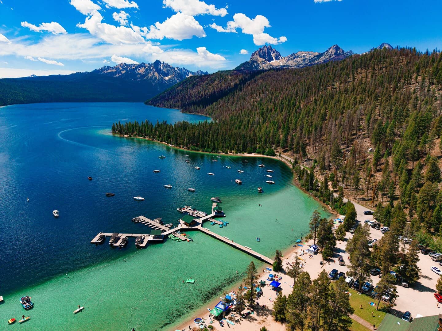 Aerial view of turquoise Redfish Lake below the Sawtooth Mountains, Idaho