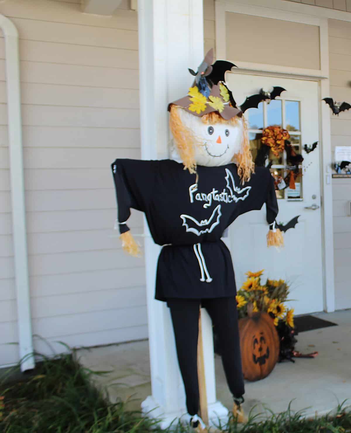 Witch-hat scarecrow, bats and jack-o-lantern Halloween decorations for the Sea Witch Festival in Rehoboth Beach, Delaware