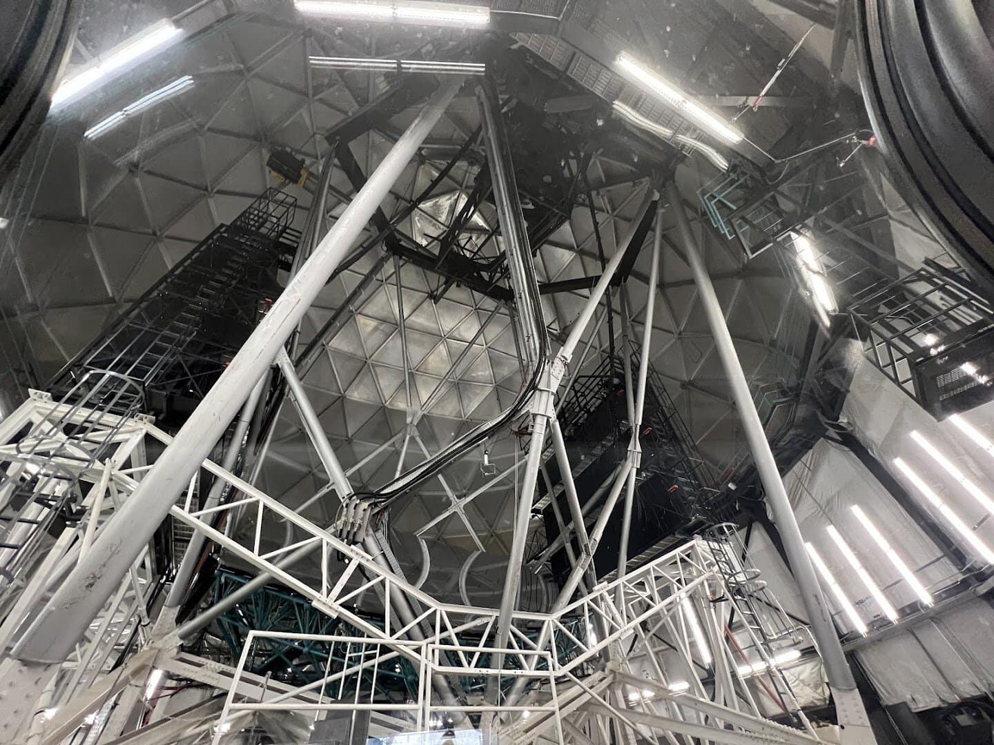 The steel framework of a research telescope at McDonald Observatory, Texas