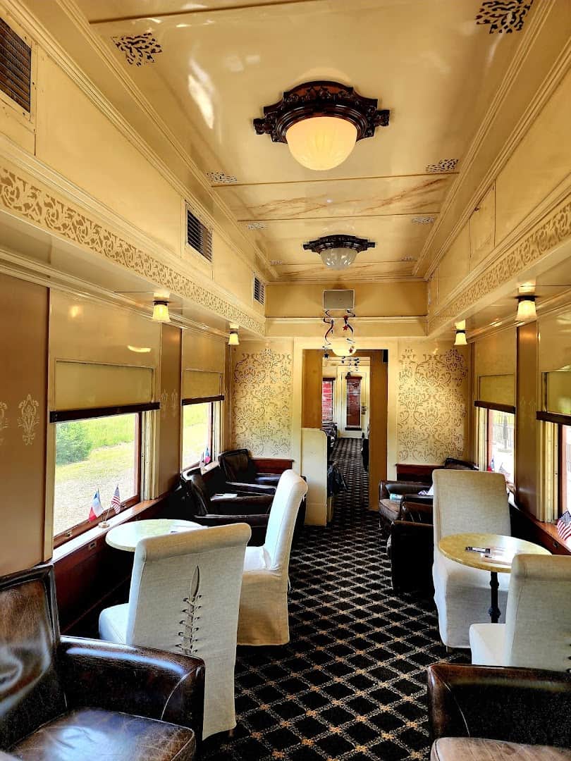 Ornate restored passenger car interior on the Texas State Railroad