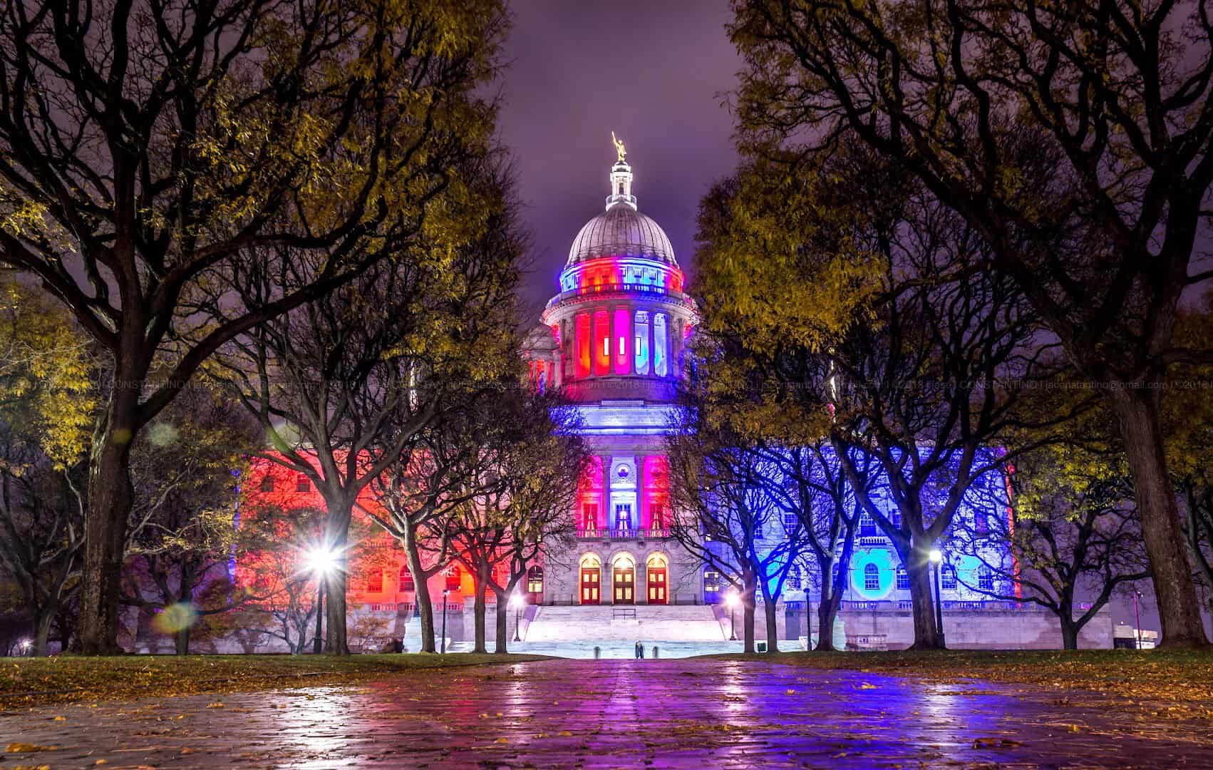 Rhode Island State House lit up at night in Providence, Rhode Island