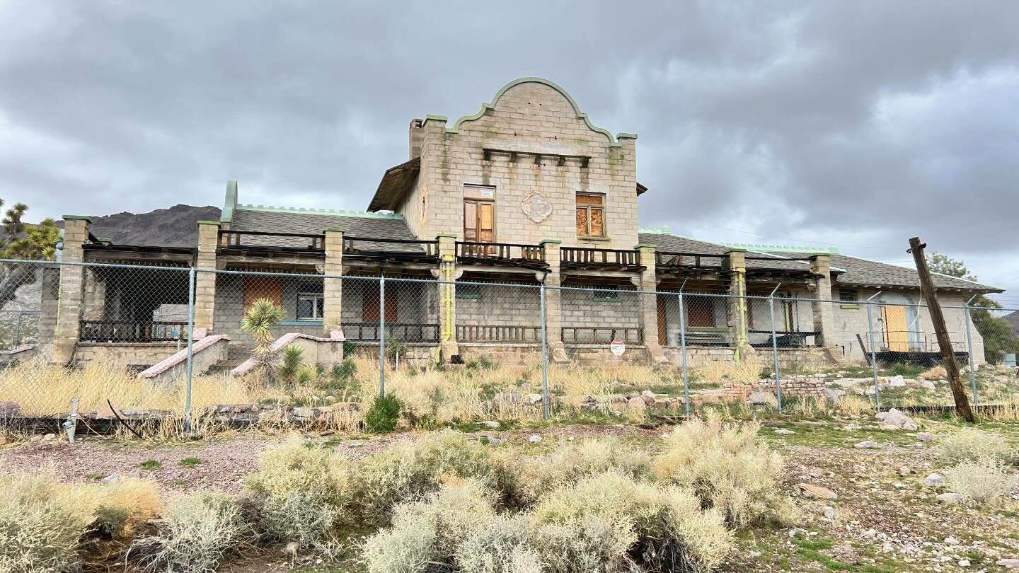 Roofless stone ruins of the Rhyolite ghost town in Nevada