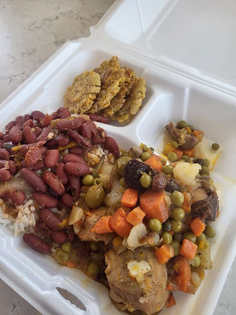 Rice, red beans, pigeon peas and tostones at Tex-Chick in Houston