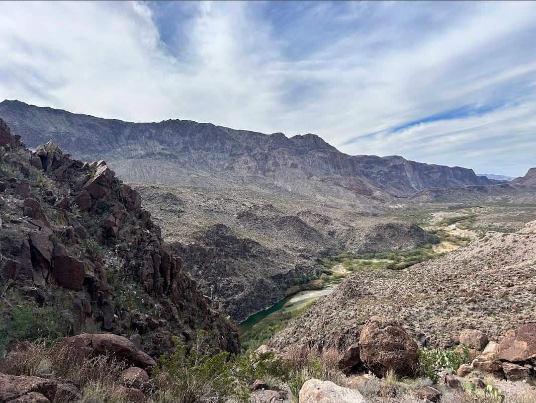 The Rio Grande winding through desert canyons along the River Road, FM 170, in West Texas