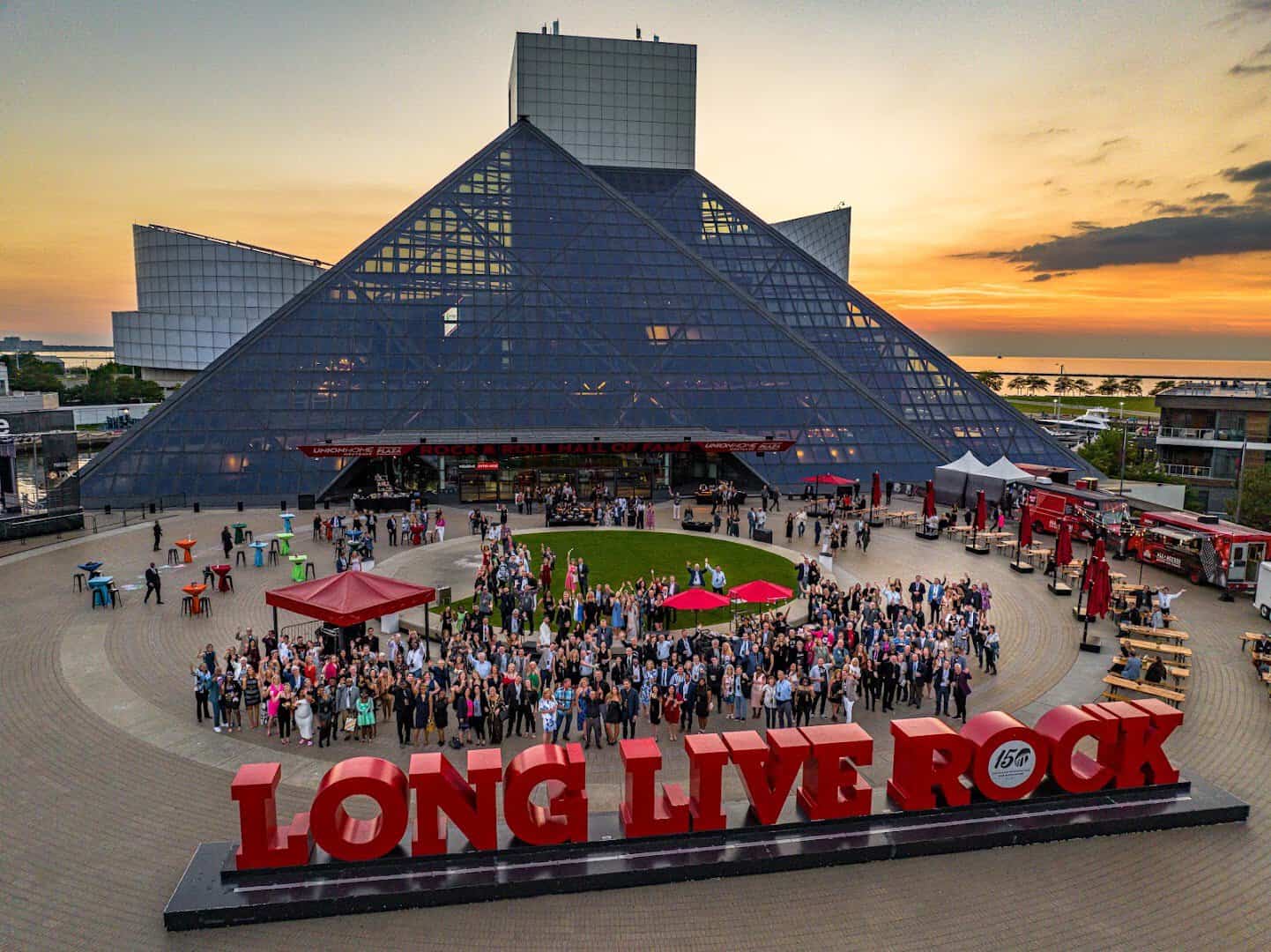 The Rock and Roll Hall of Fame glass pyramid on Lake Erie in Cleveland, Ohio