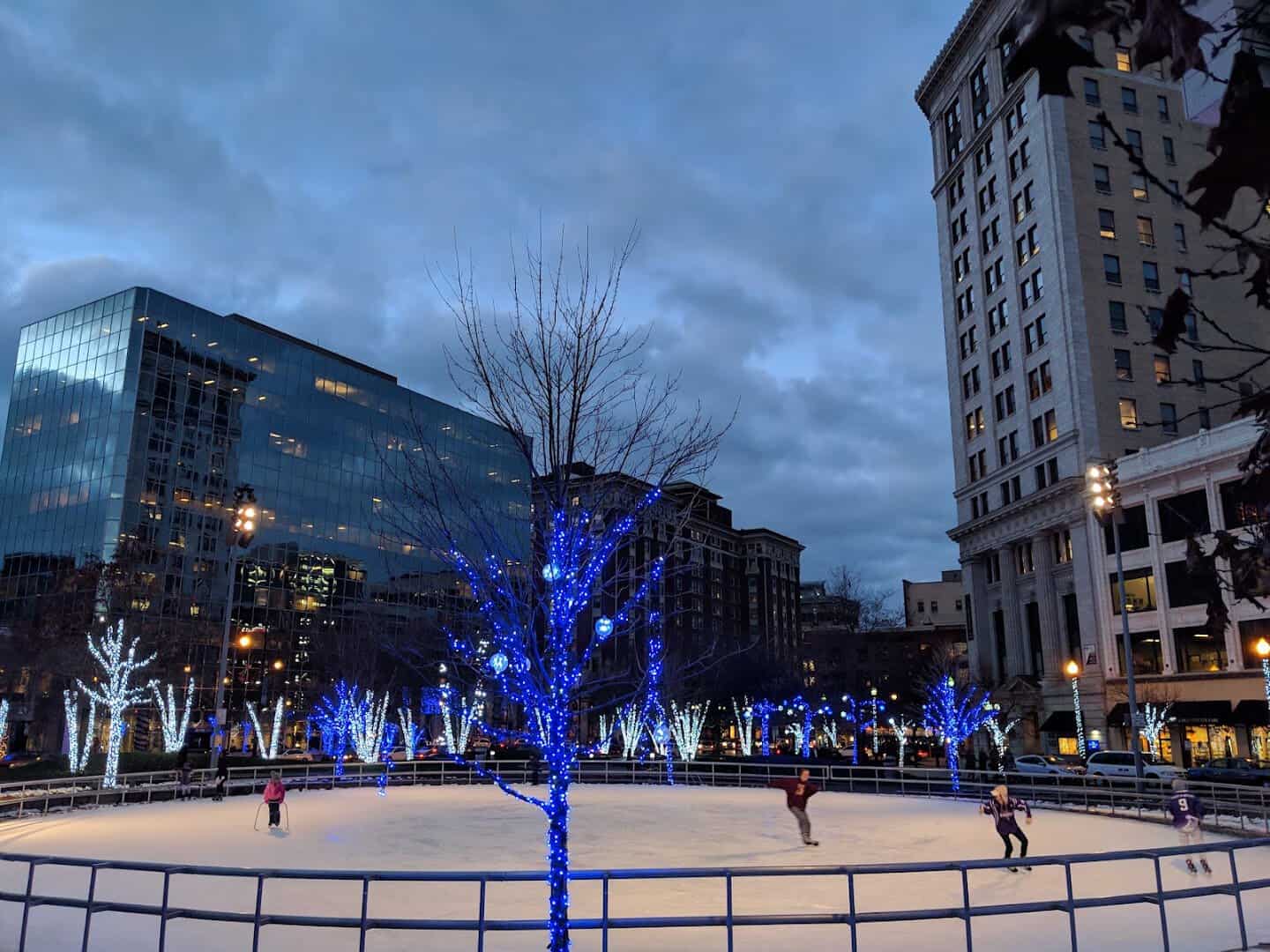 Rosa Parks Circle and downtown skyline at dusk in Grand Rapids, Michigan