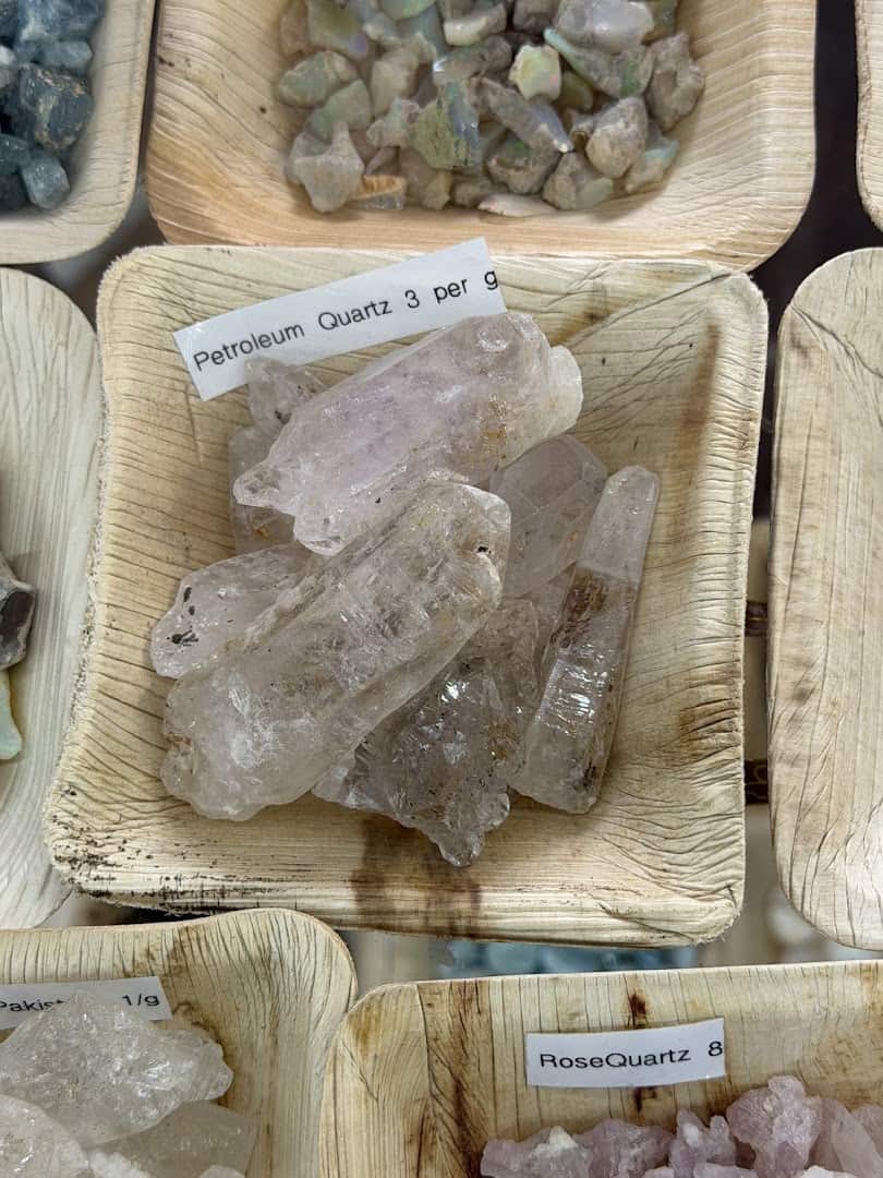 Quartz crystal points with price labels at Shiny Things For Shiny People in Austin