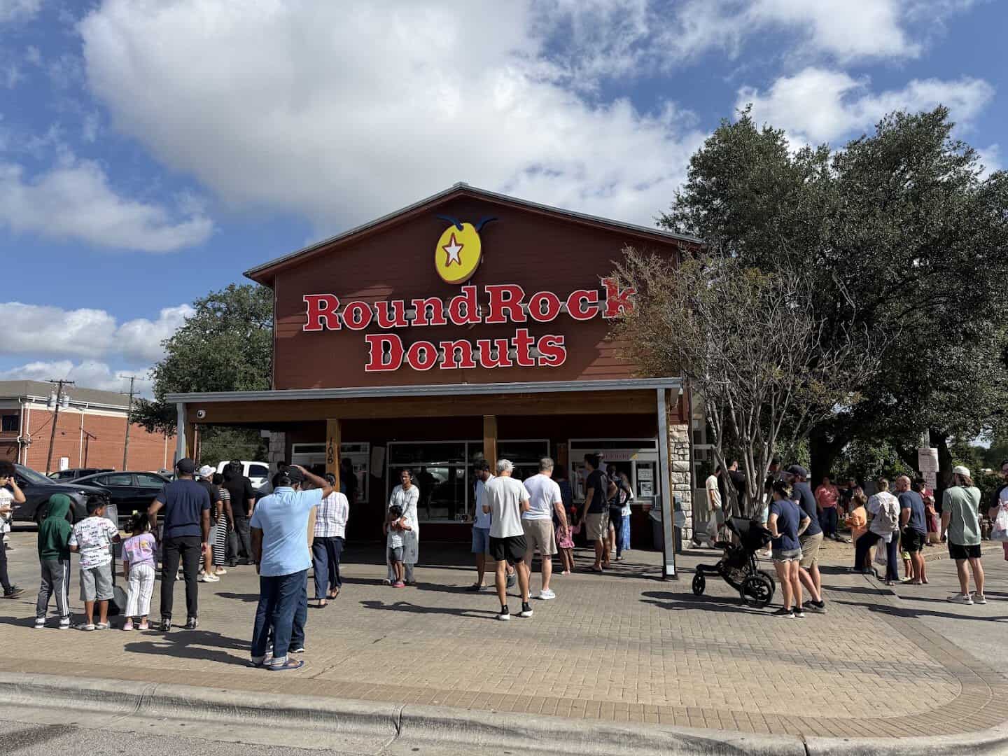 Customers lined up outside Round Rock Donuts in Round Rock, Texas