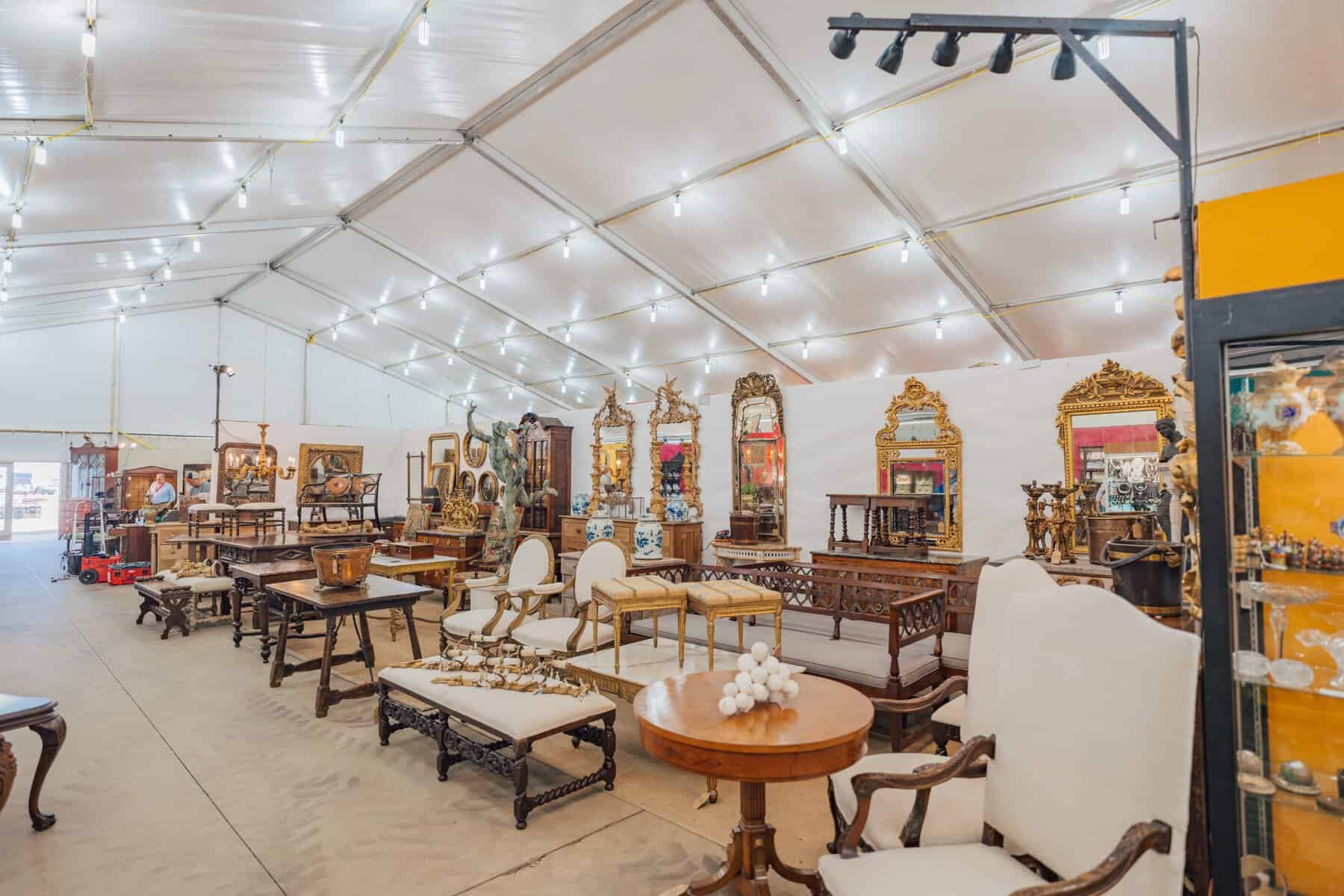 Round Top Antiques Fair tent aisle in Round Top
