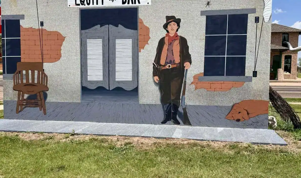Route 66 cowboy mural on a downtown wall in Vega, Texas
