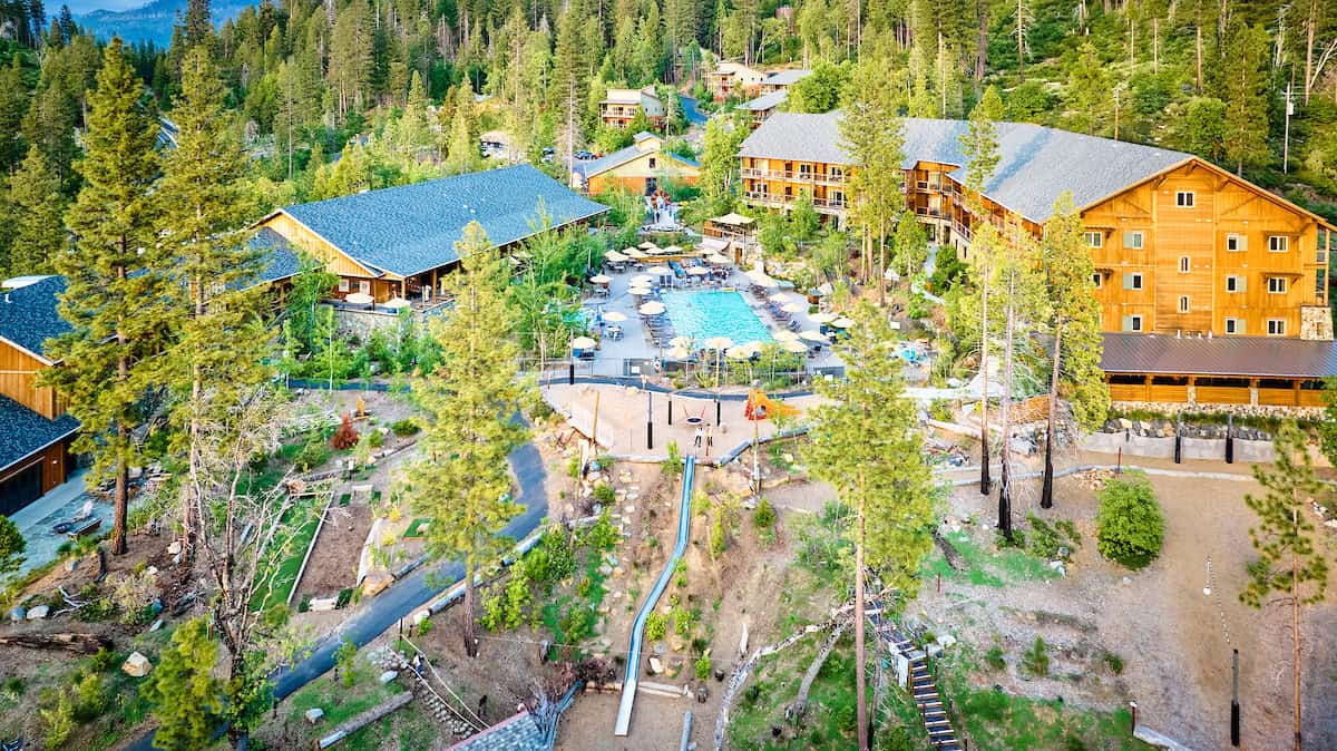 Hillside villas in the Sierra pine forest at Rush Creek Lodge near Yosemite, California