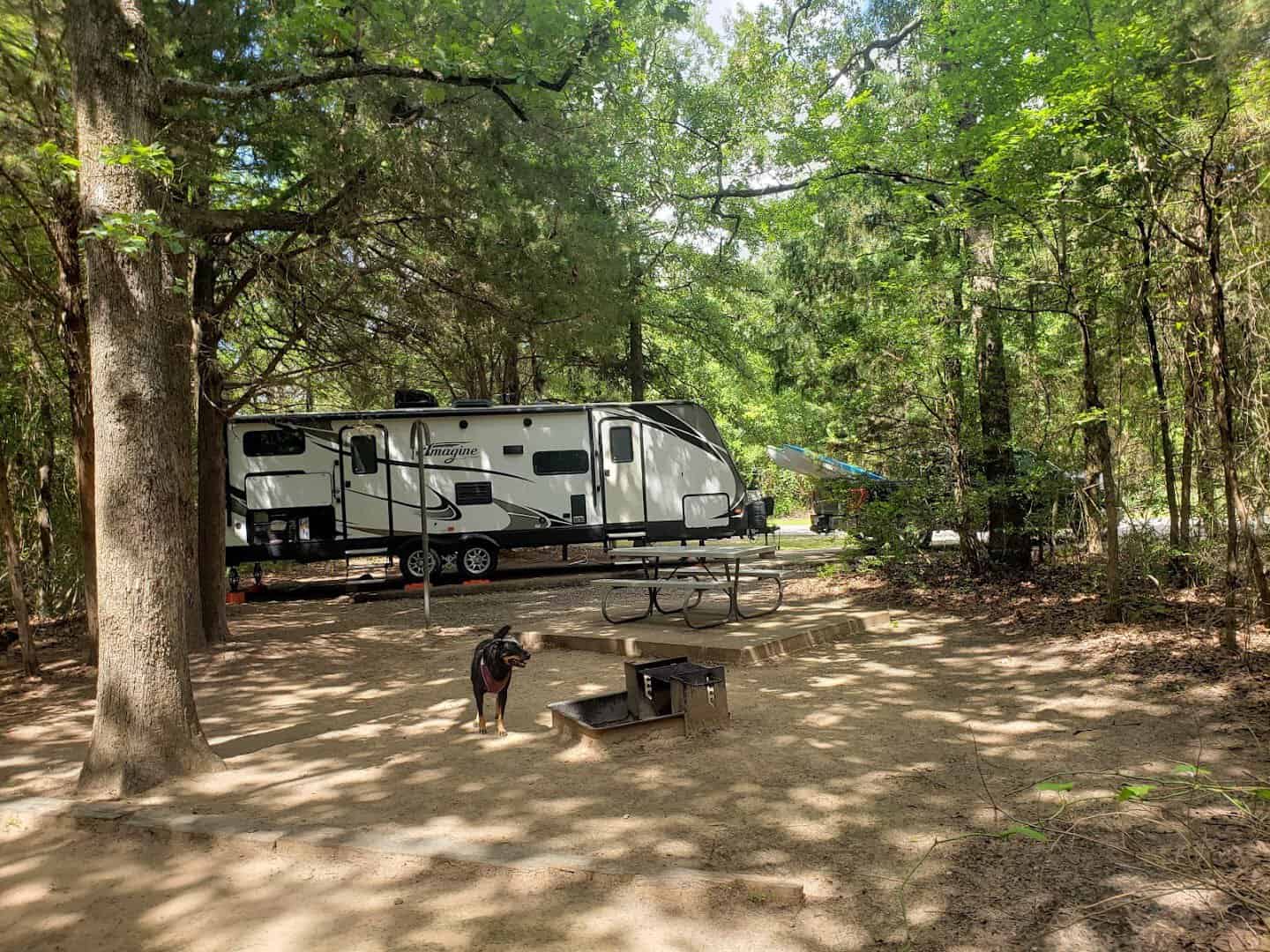RV parked at a wooded campsite at Purtis Creek State Park