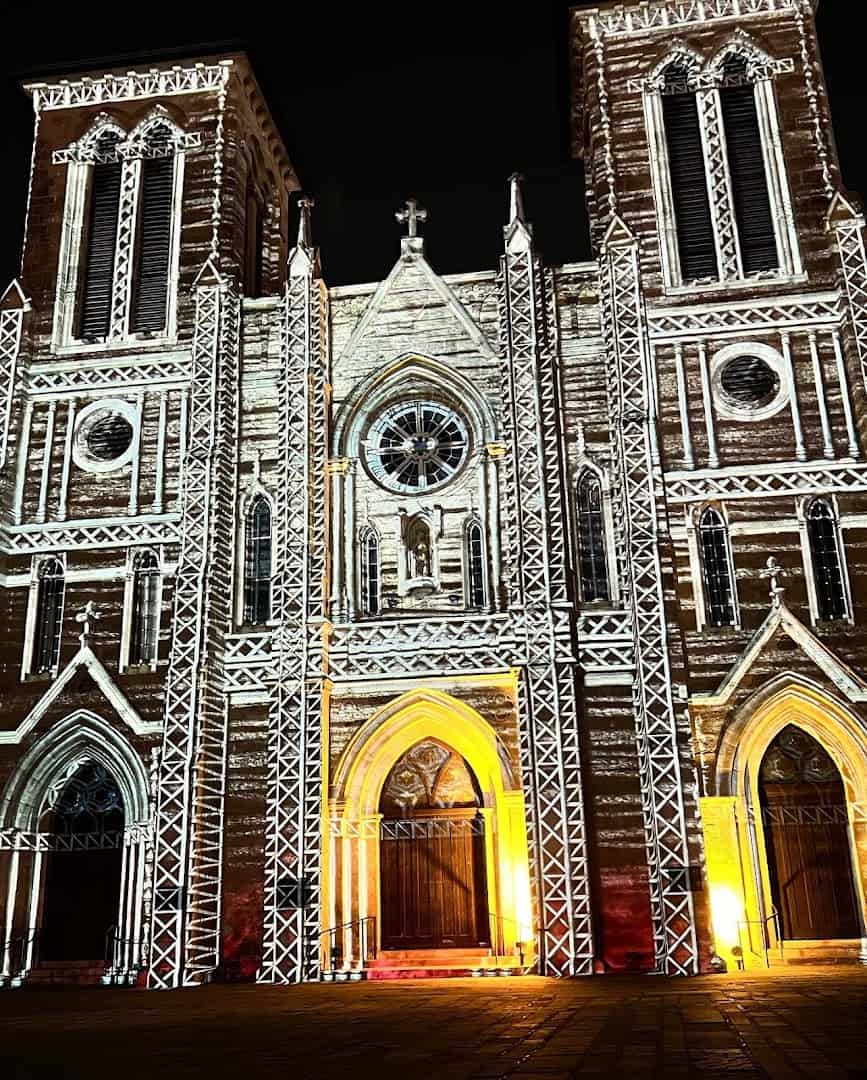 The Saga light projection glowing on San Fernando Cathedral facade in San Antonio