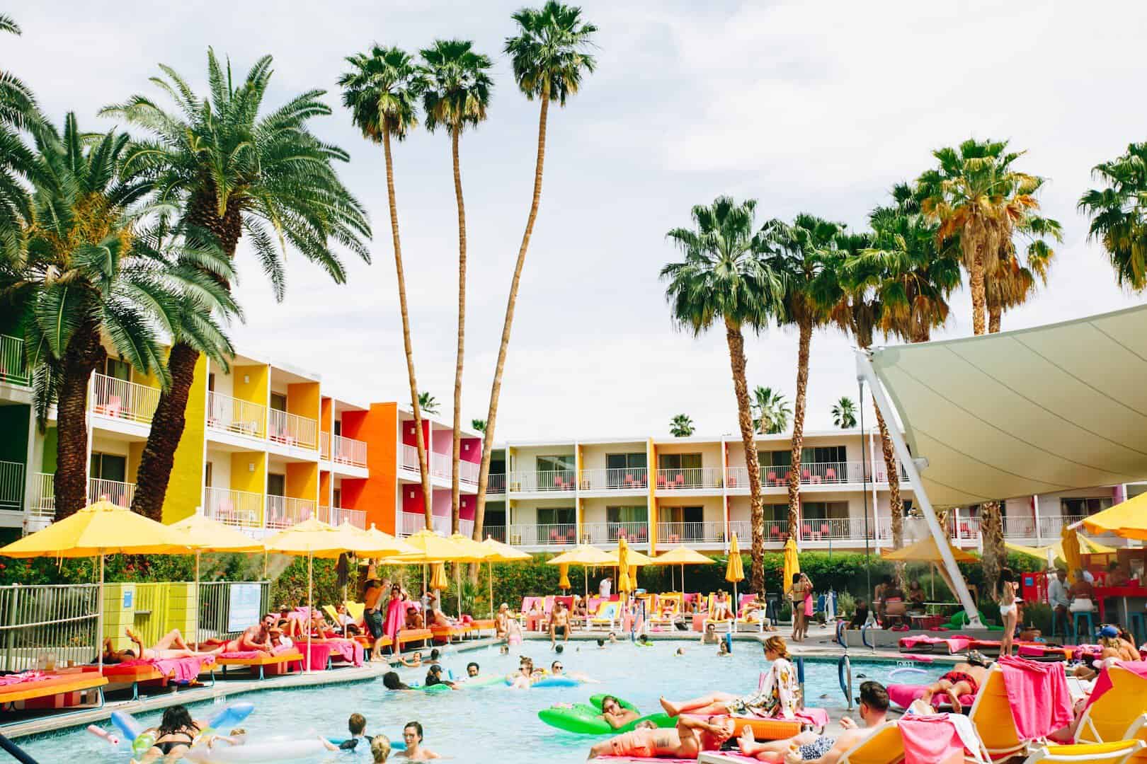 The colorful poolside at The Saguaro resort in Palm Springs, California