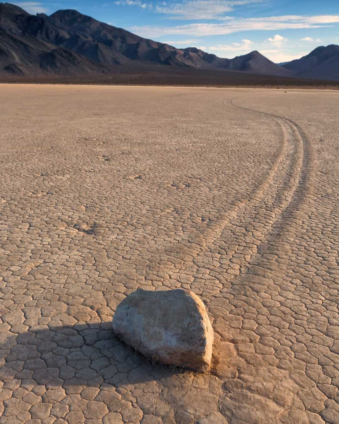 A sailing stone at the end of its long carved track on Racetrack Playa, Death Valley California