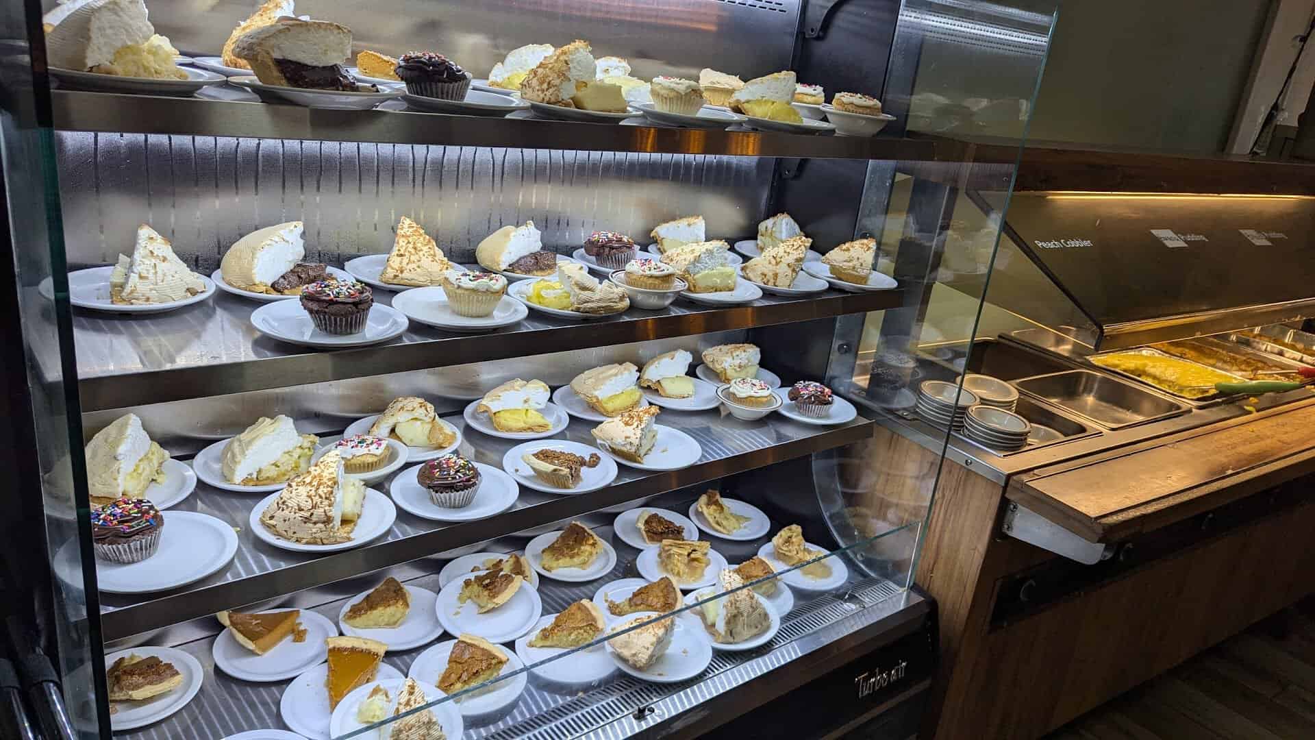 A display case of homemade pies and desserts at Sam's Original Restaurant in Fairfield, Texas