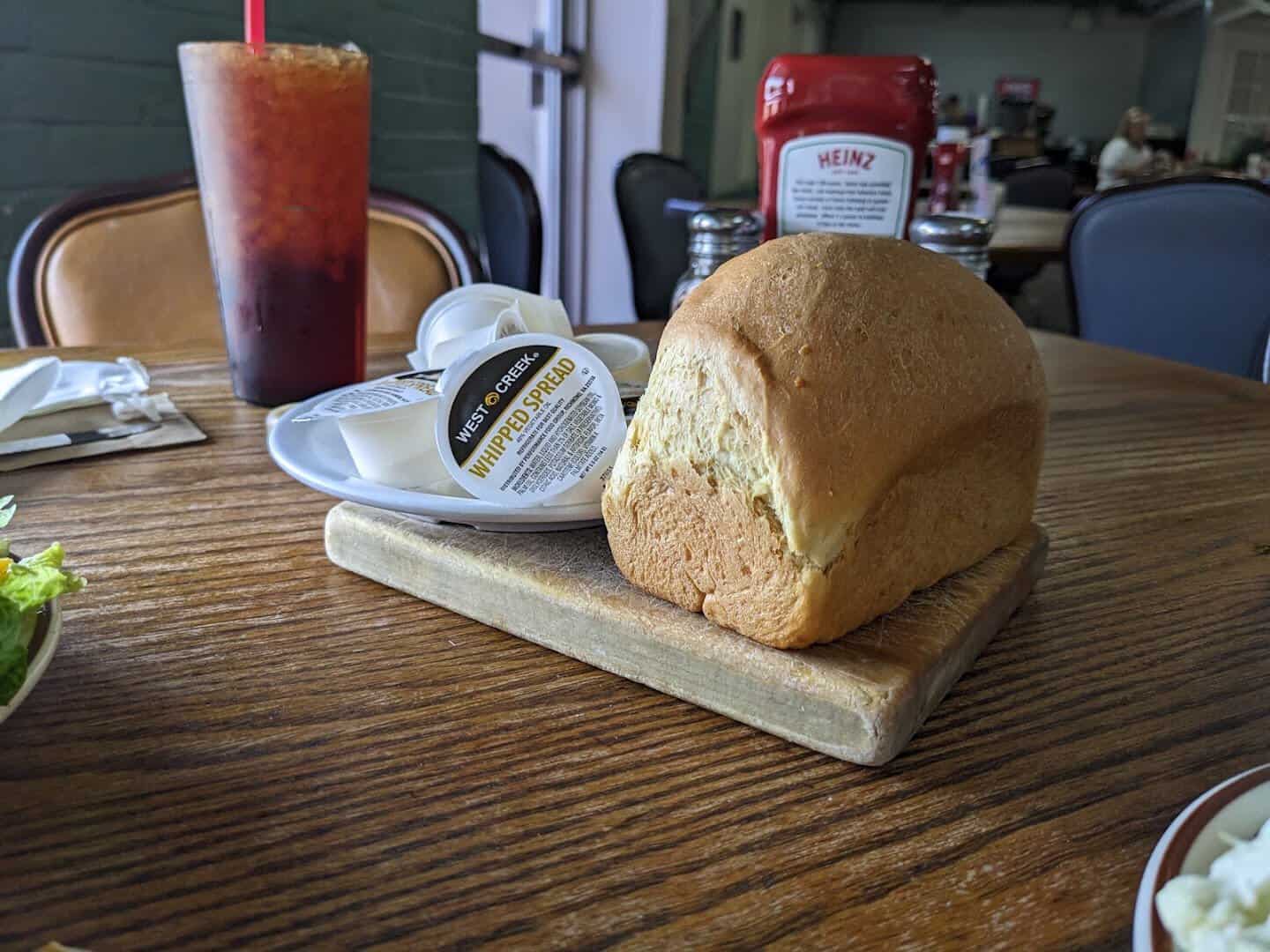 A loaf of homemade bread served warm at Sam's Original Restaurant in Fairfield, Texas