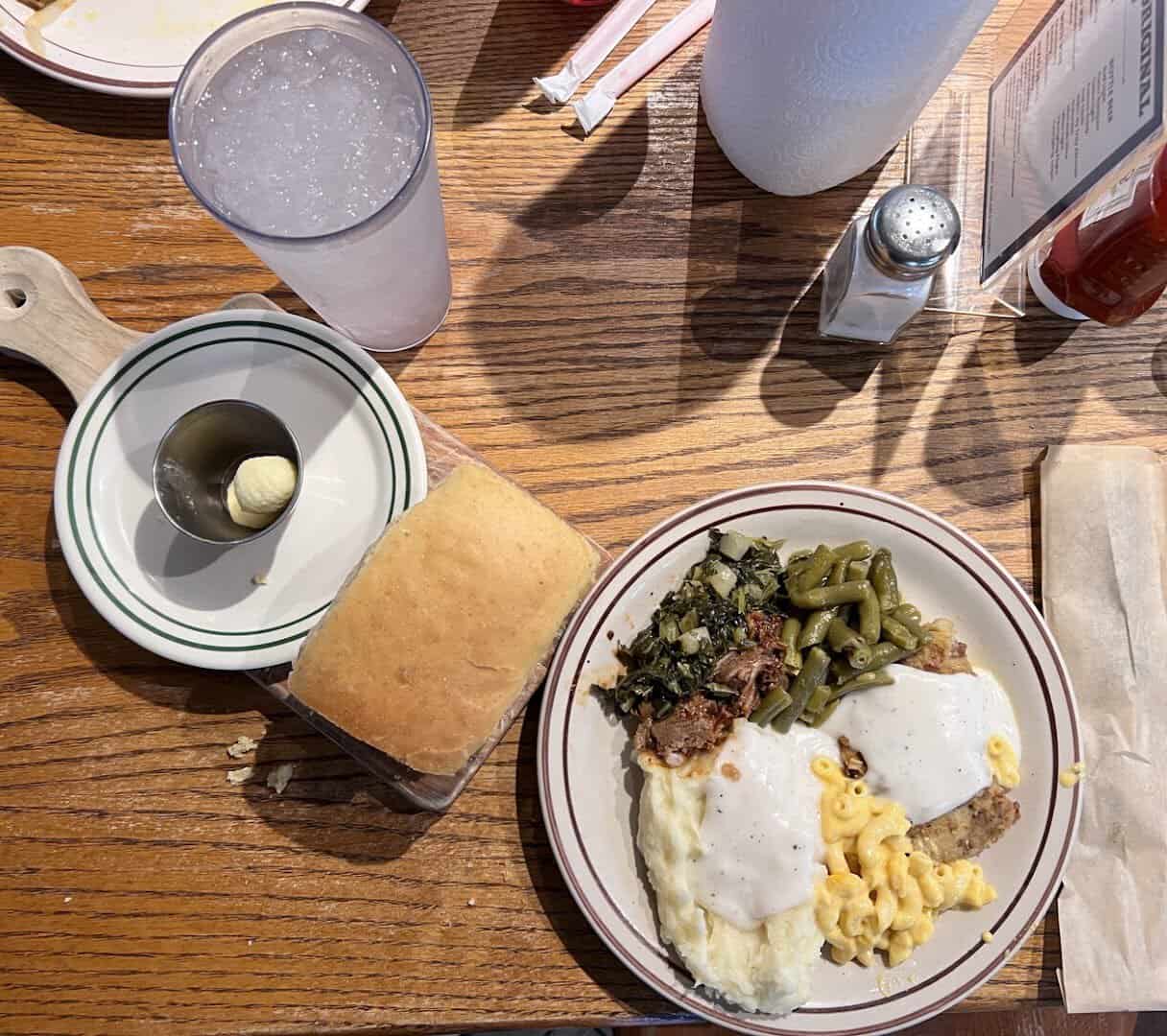 Chicken fried steak with gravy, green beans and homemade bread at Sam's Original Restaurant in Fairfield, Texas