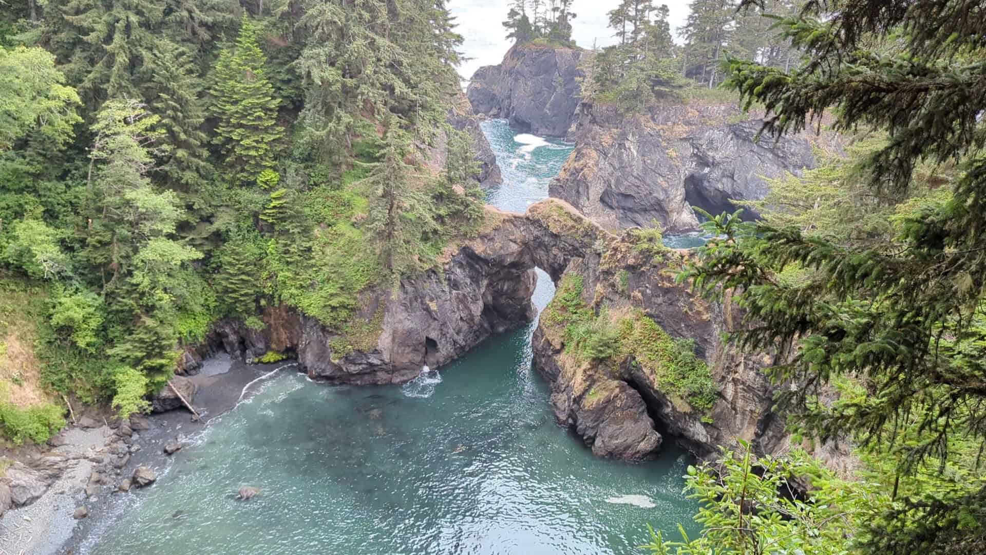 Natural bridge arches over turquoise water at Samuel H. Boardman State Scenic Corridor, Oregon