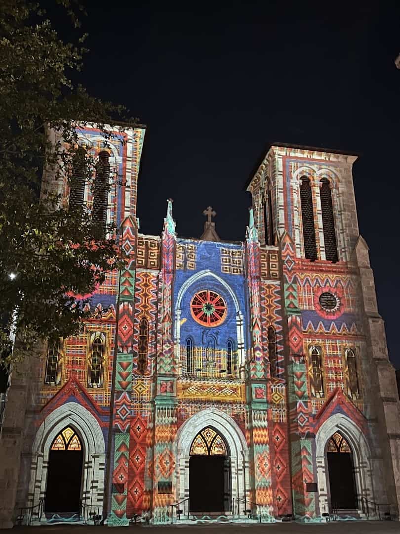 San Antonio The Saga light show projected on San Fernando Cathedral in San Antonio