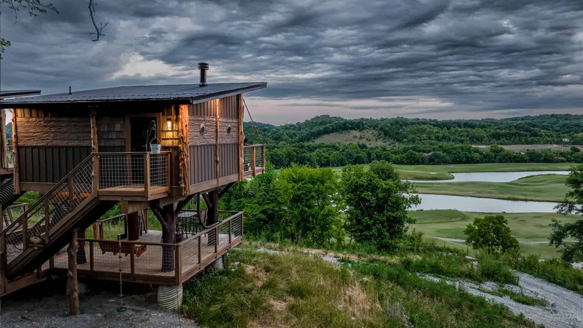 Elevated treehouse with valley view at Sanctuary Treehouse Resort in Sevierville, Tennessee