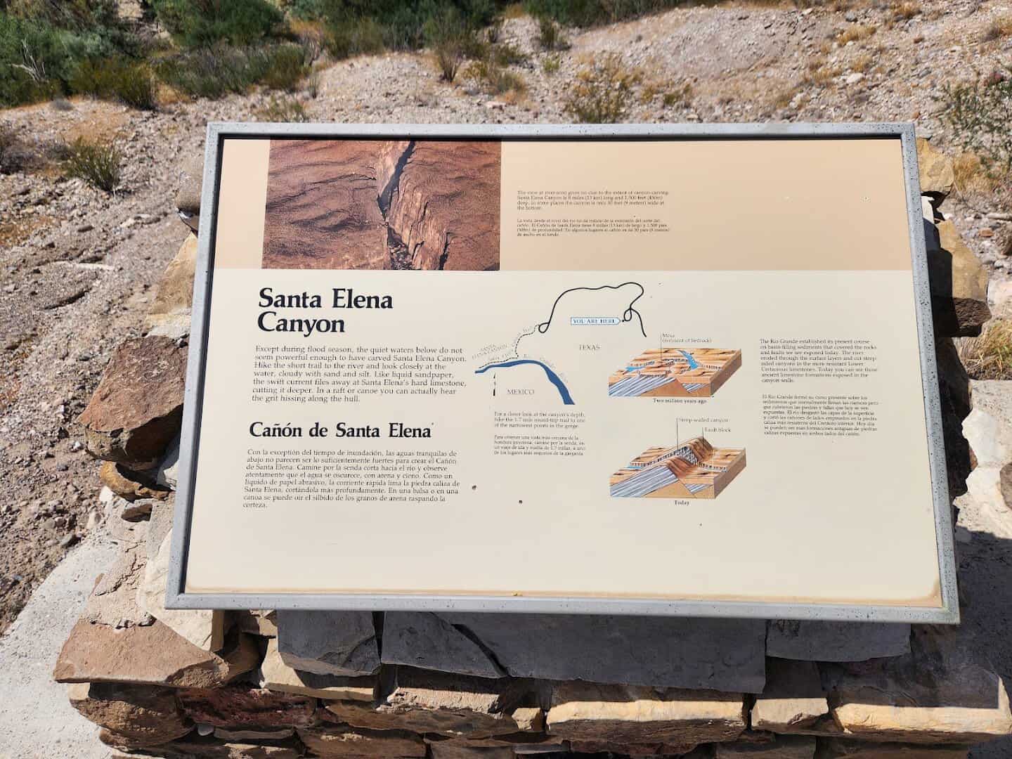 Interpretive sign explaining how the Rio Grande carved Santa Elena Canyon