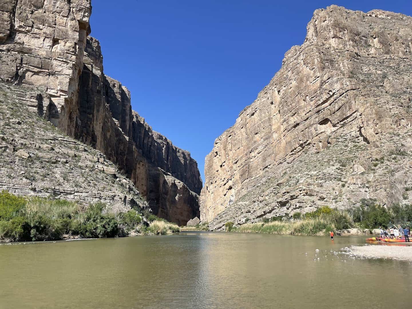 Rafters on the Rio Grande at the mouth of Santa Elena Canyon in Big Bend National Park