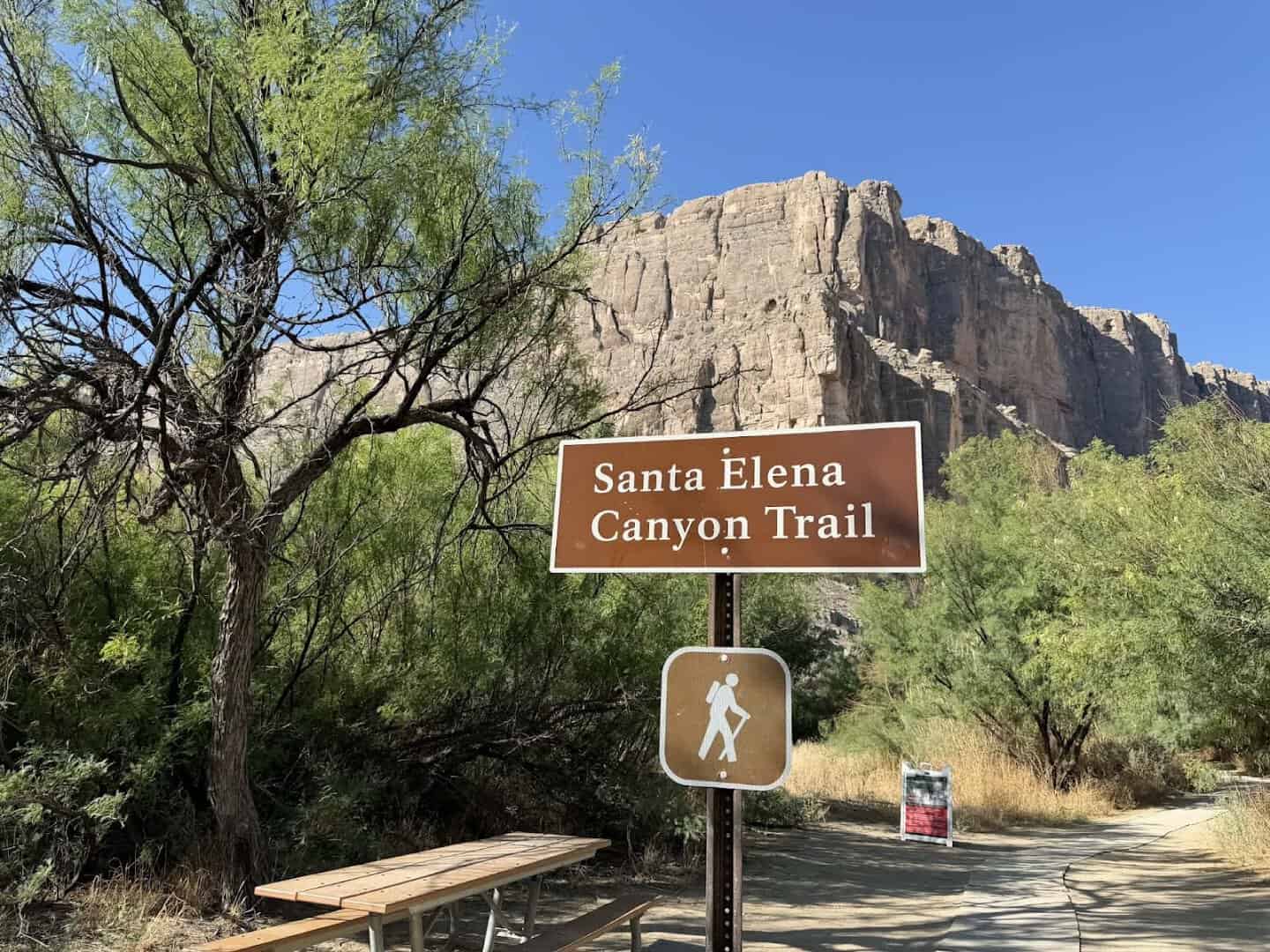 Santa Elena Canyon Trail sign at the trailhead in Big Bend National Park, Texas