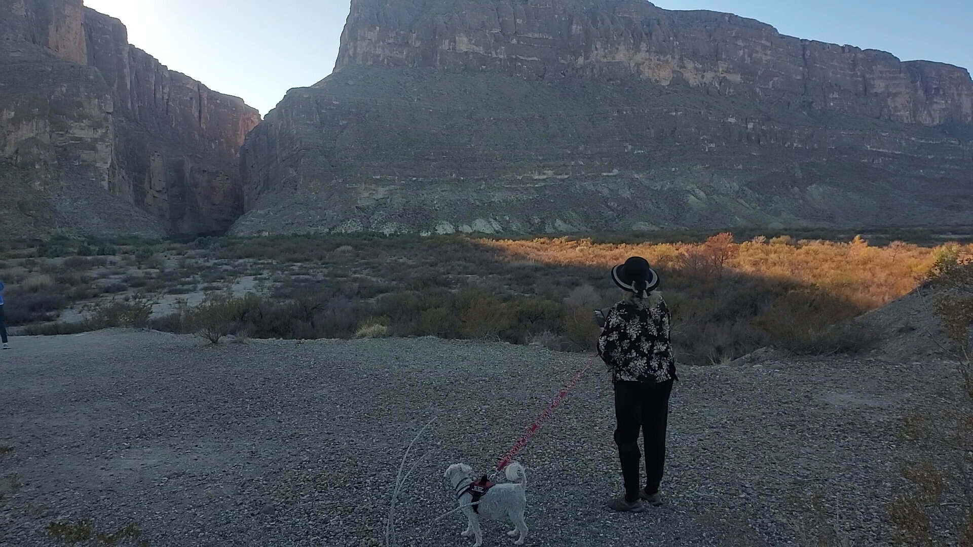 A visitor taking in the view of Santa Elena Canyon at golden hour in Big Bend National Park