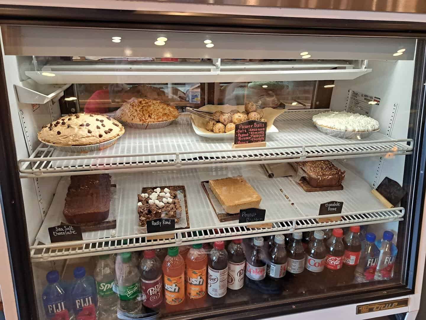 Case of homemade pies and desserts at Schobels' Restaurant in Columbus, Texas