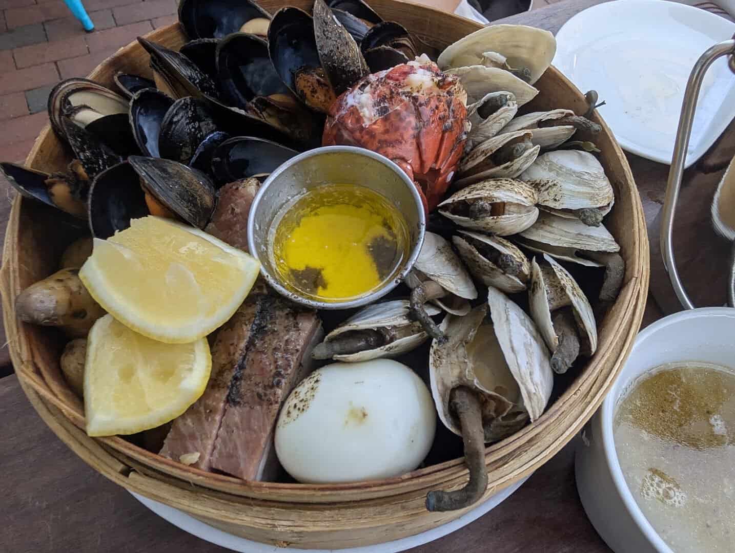 Maine seafood platter with lobster mussels and clams at Eventide Oyster Co