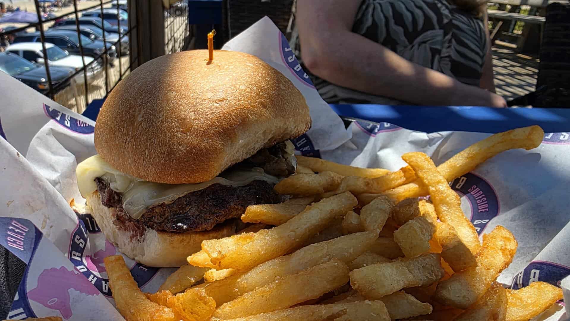 Cheeseburger and fries in a Surfside basket at Seahorse Bar & Grill in Surfside Beach, Texas