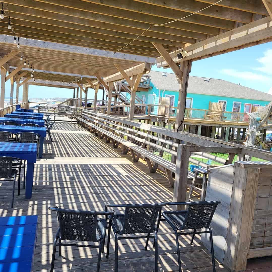 Beachfront boardwalk and deck at Seahorse Bar & Grill in Surfside Beach, Texas