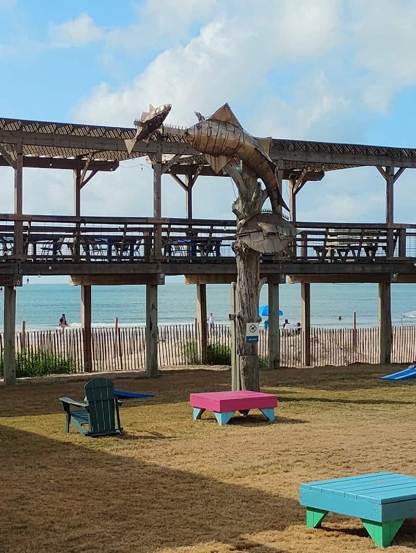 Covered beachfront deck at Seahorse Bar & Grill on Surfside Beach, Texas