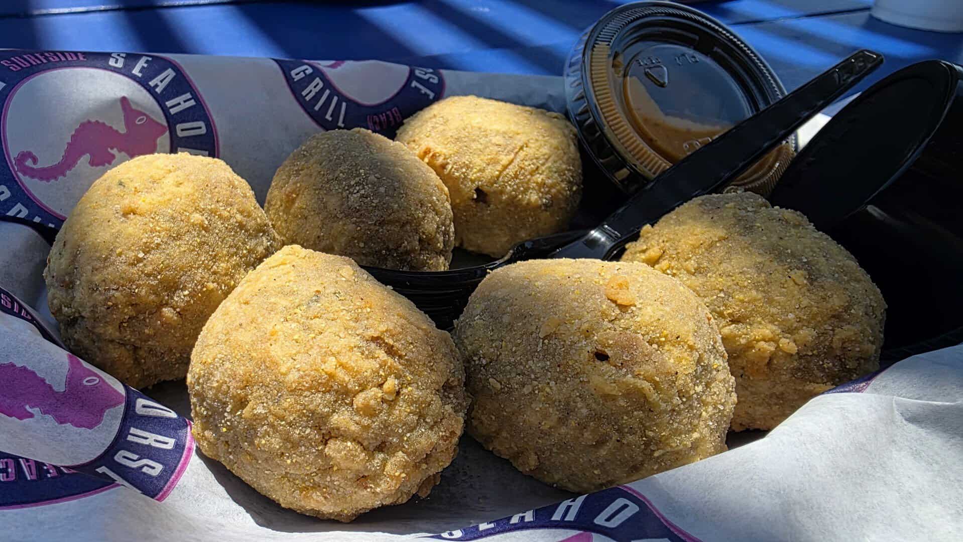 Basket of fried hushpuppies at Seahorse Bar & Grill in Surfside Beach
