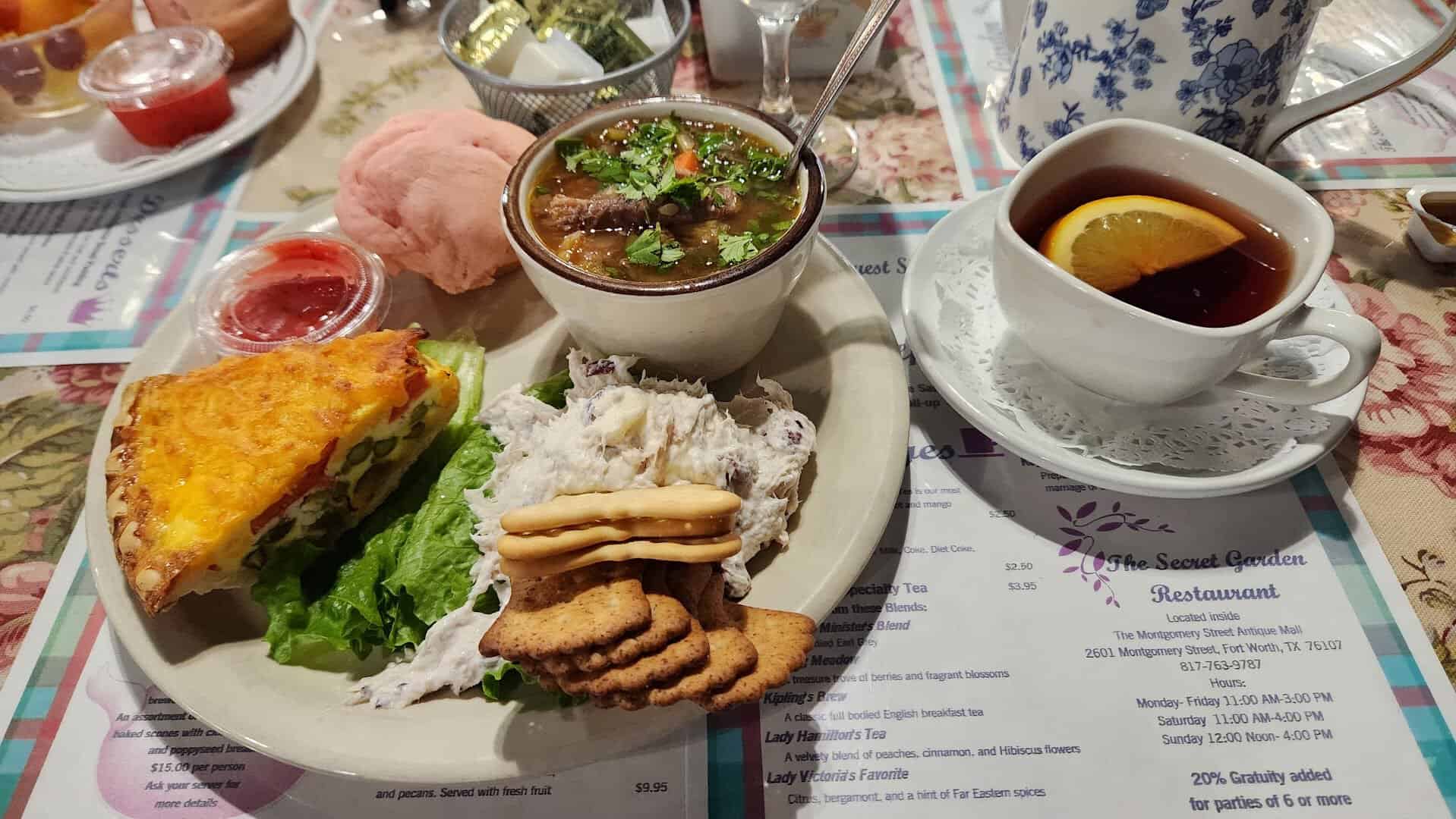 Quiche, soup and hot tea at the Secret Garden tea room in Fort Worth