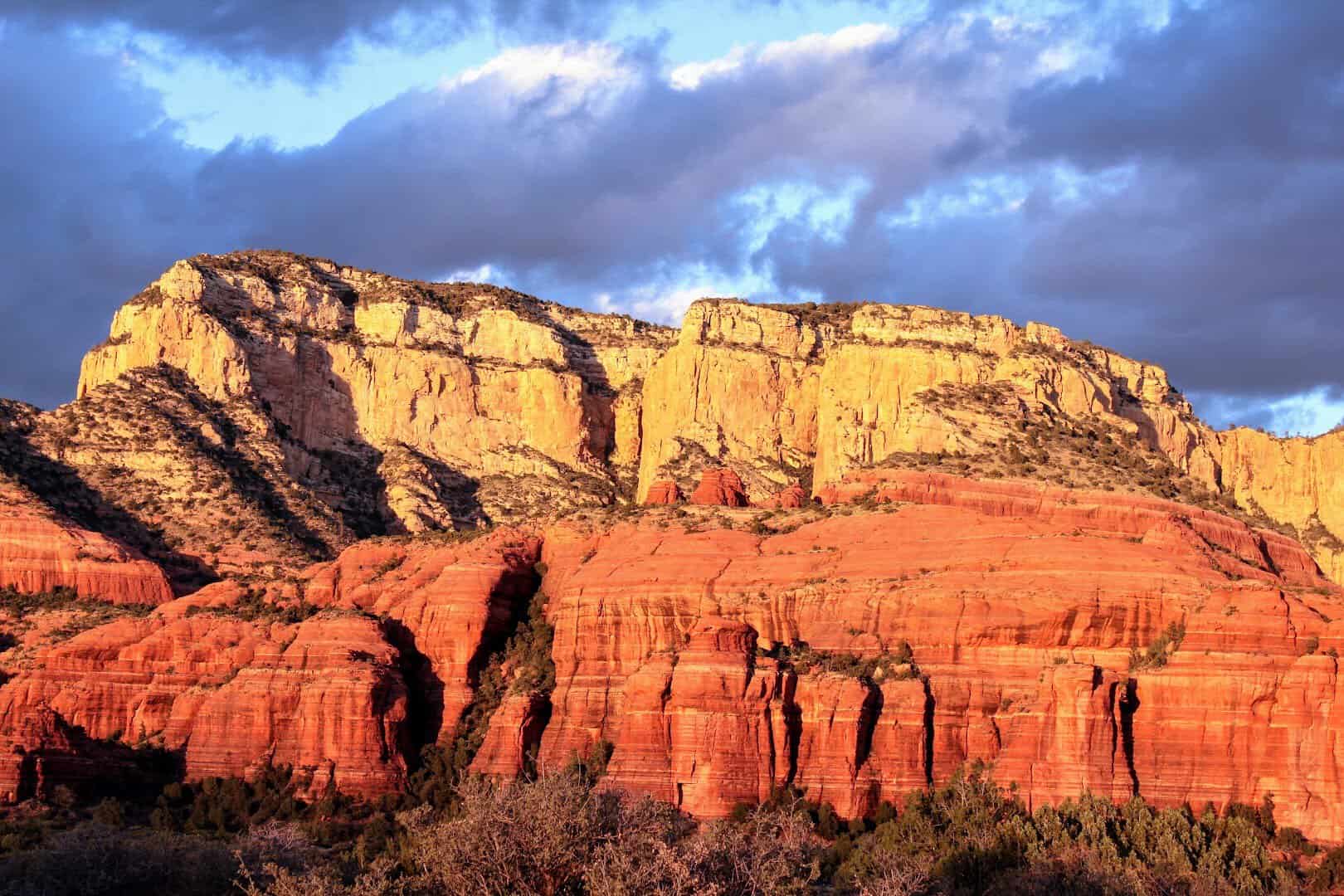 Warm golden-hour light on Sedona, Arizona red rocks in autumn