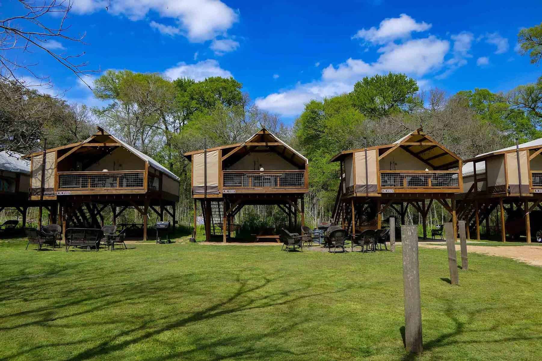 Elevated cabins for lodging near Seguin, Texas