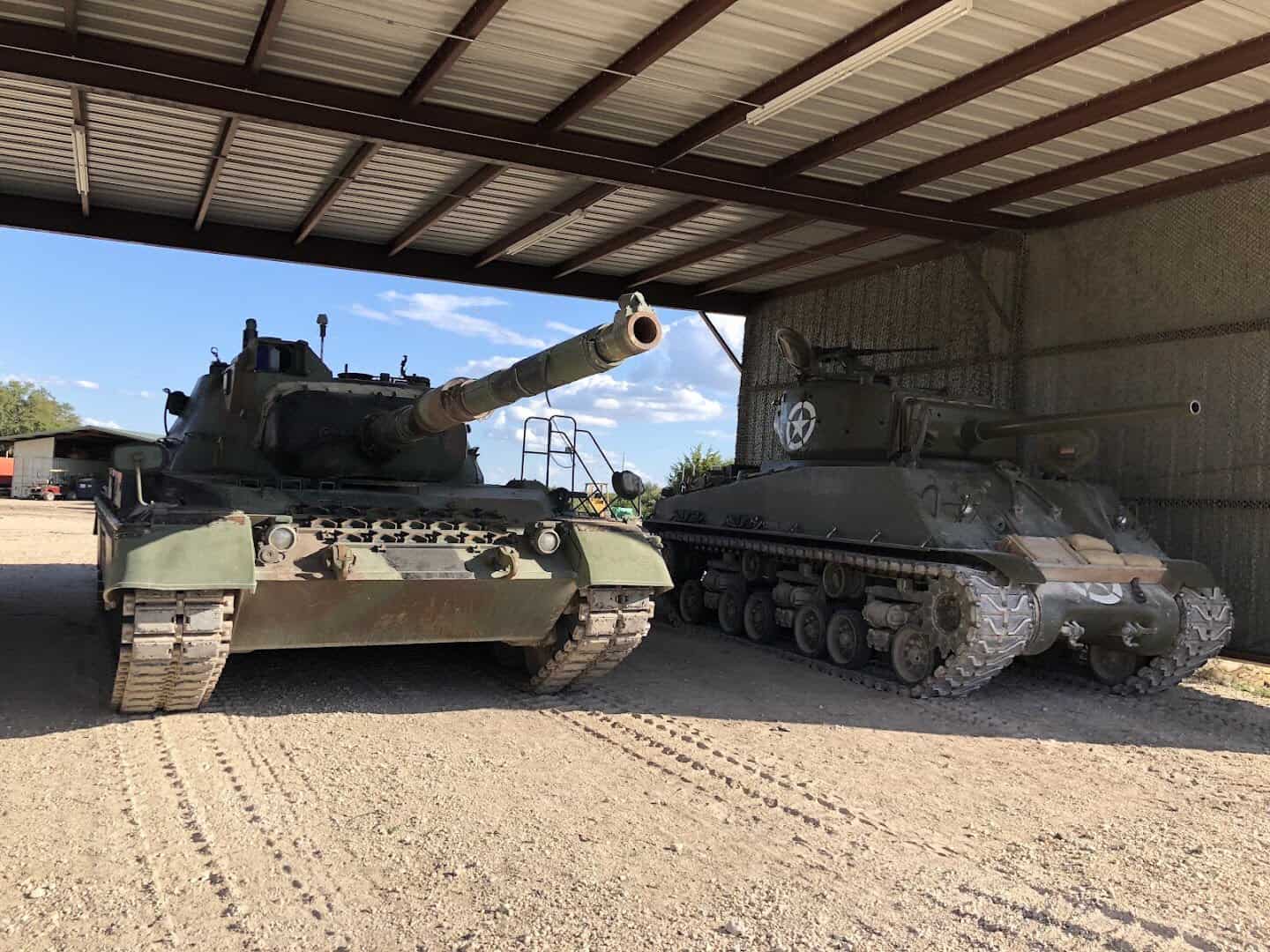 M4 Sherman and Leopard tanks in the DriveTanks collection near Uvalde, Texas