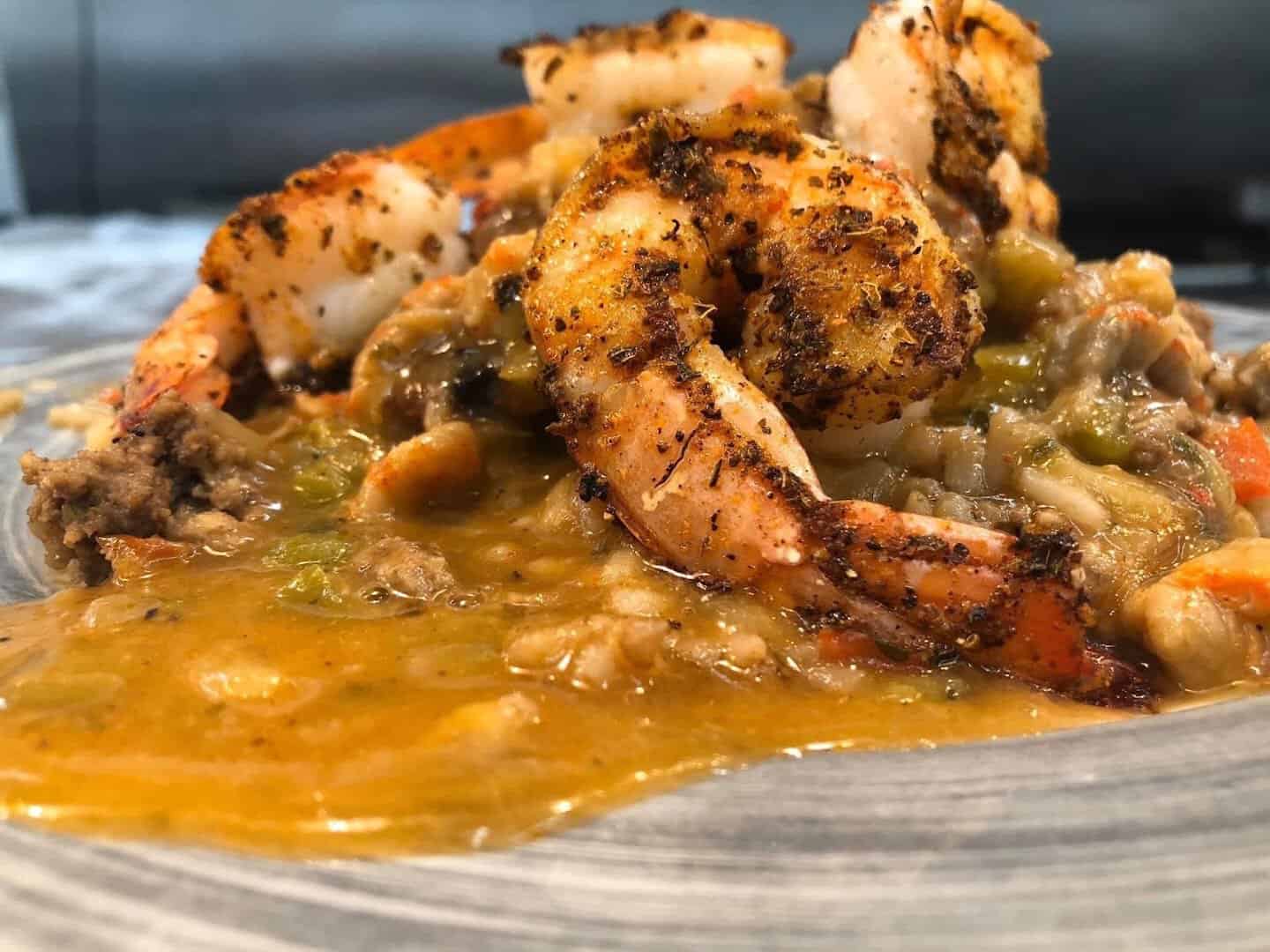 Shrimp entree in sauce at Seahorse Bar and Grill in Surfside Beach, Texas