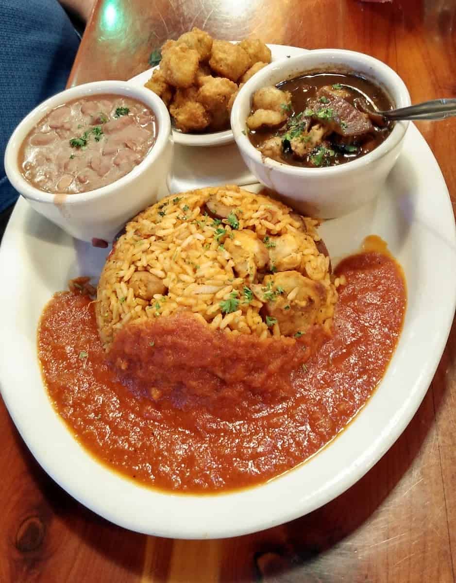 Shrimp jambalaya with seafood gumbo and red beans at Louisiana Longhorn Cafe in Round Rock