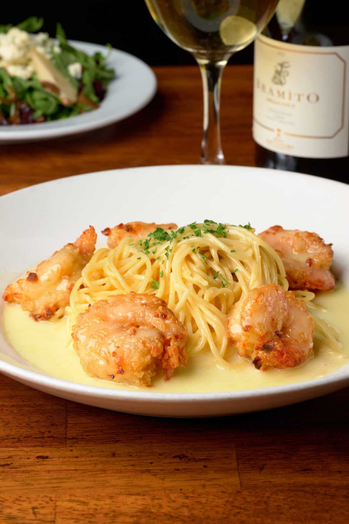 Shrimp Paesano over pasta at Paesanos Riverwalk in San Antonio