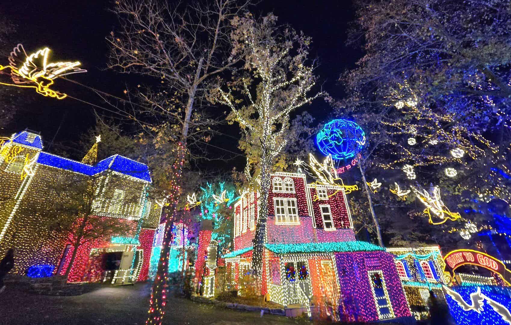 Silver Dollar City glowing with Christmas lights at night in Branson, Missouri