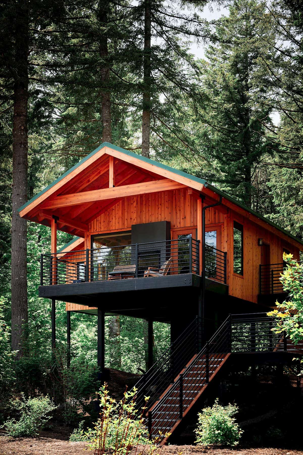Elevated treehouse cabin among Douglas firs at Skamania Lodge in Stevenson, Washington