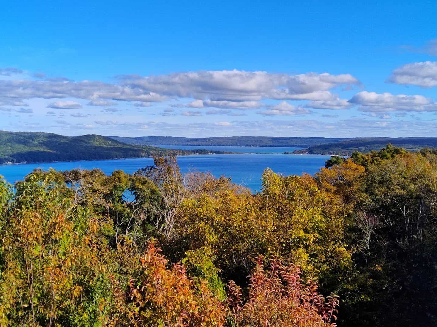 Sleeping Bear Dunes overlook of Lake Michigan with autumn color, Empire, Michigan