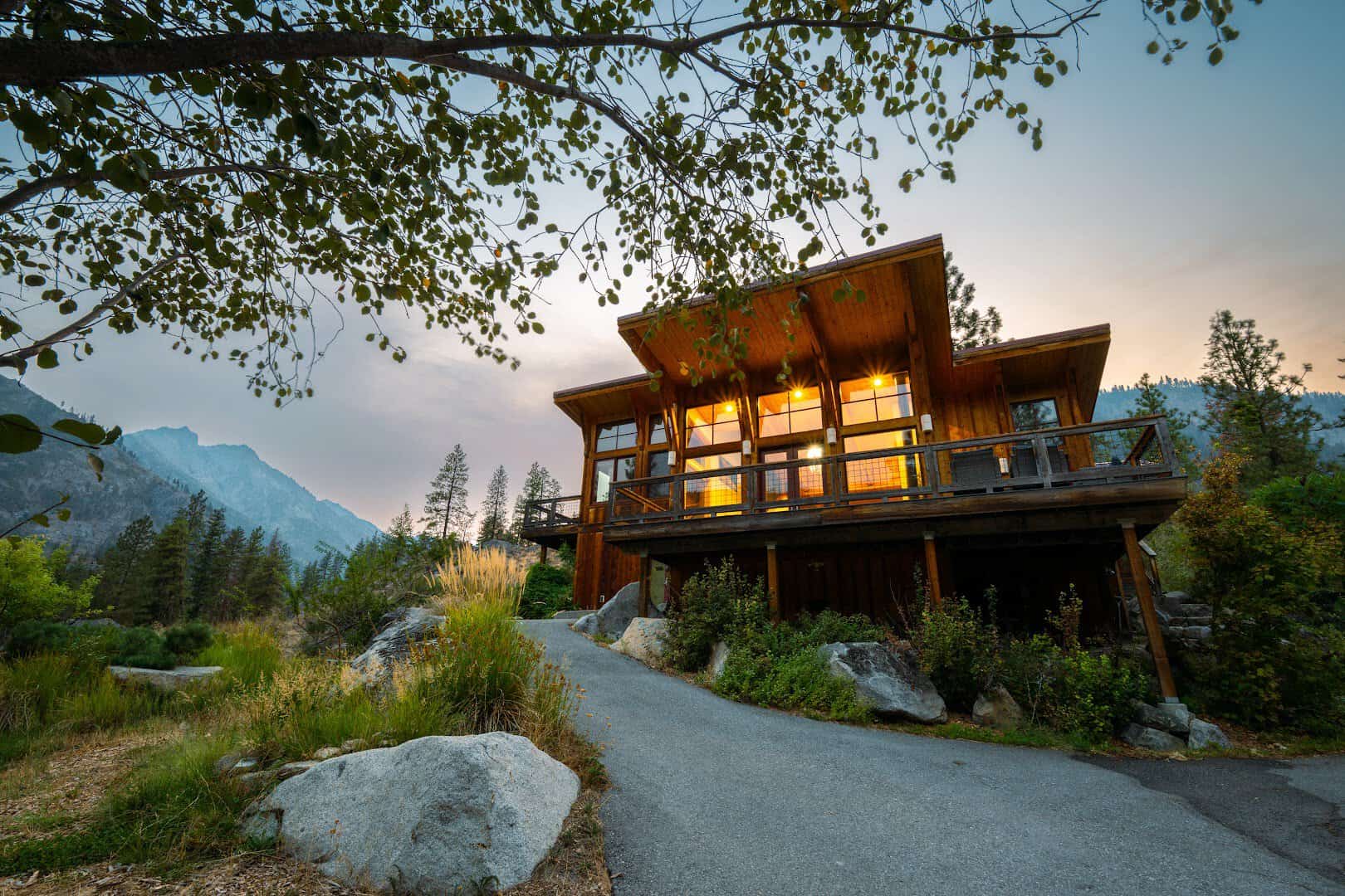 Cabin at dusk at Sleeping Lady Mountain Resort in Leavenworth, Washington