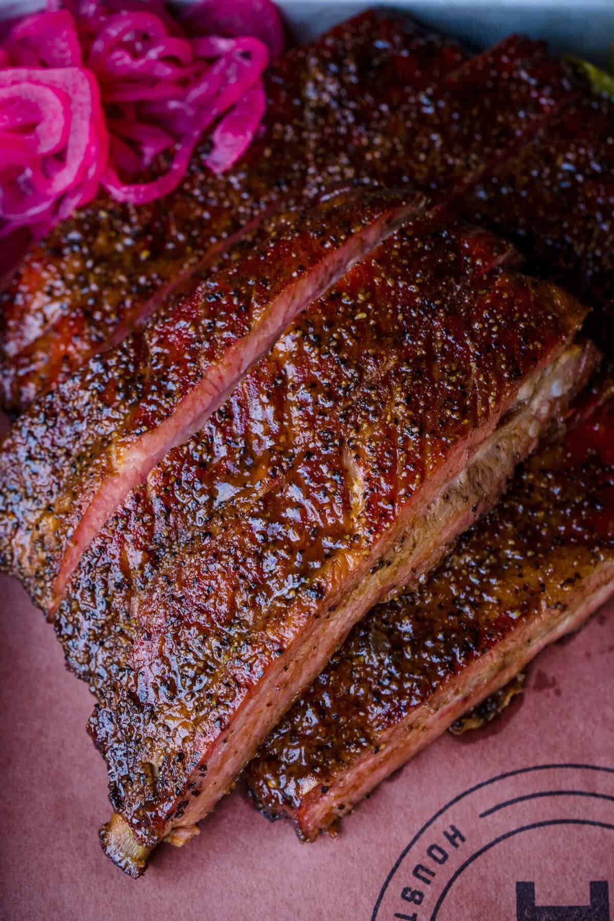 Glazed smoked pork ribs at Truth Barbeque in Brenham, Texas