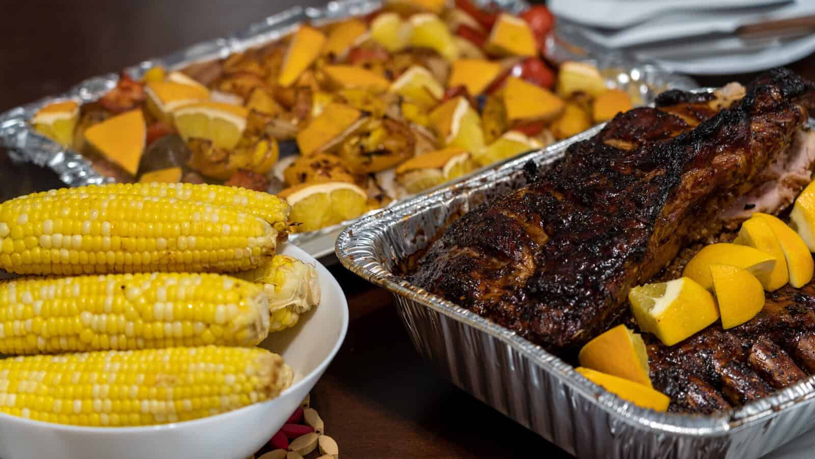 Smoked ribs with grilled corn and squash at Truth Barbeque in Brenham, Texas