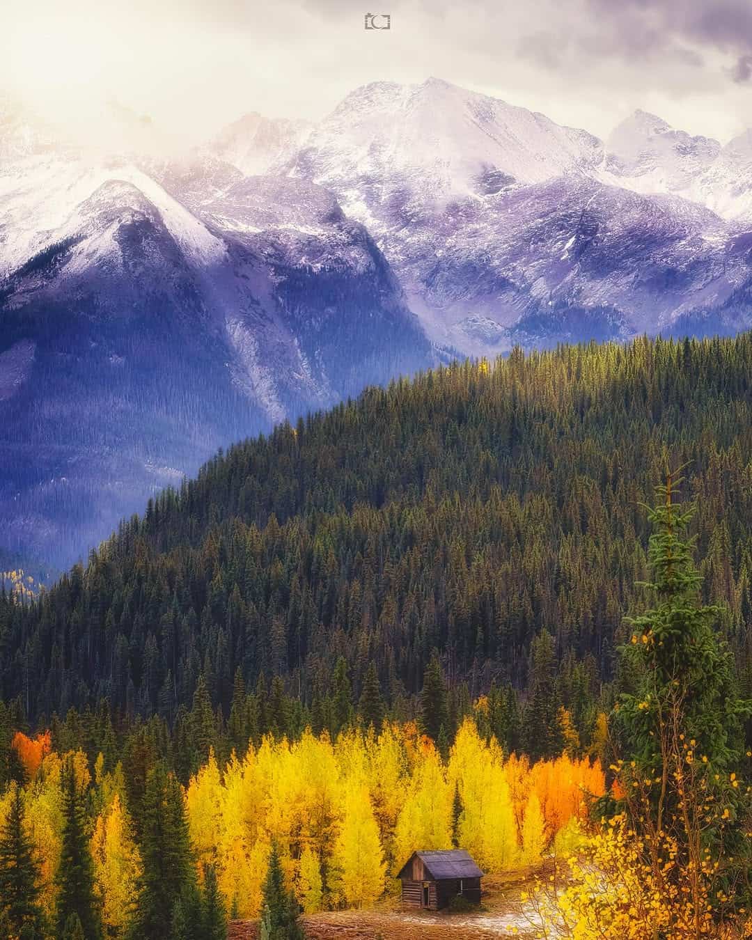 Snow-capped San Juan peaks above golden aspens along the Million Dollar Highway in Colorado
